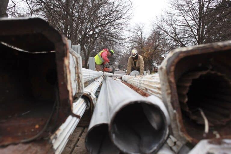 Sheldon-Cone-Jr-of-Clarkston-left-and-Jason-Catlett-of-Emmet-right-work-to-secure-an-old-street-light-to-a-truck-on-December-17-2014-in-the-Sherwood-Forest-neighborhood-in-Detroit2